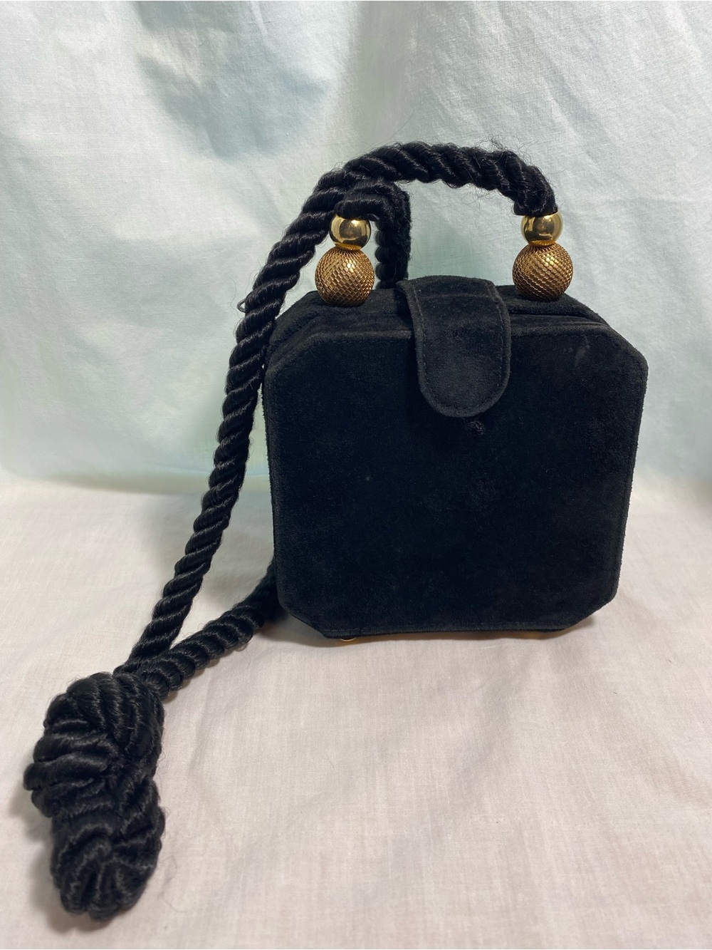 Vintage Columbine Black Velvet Evening Bag Gold Tone Rope Strap Purse